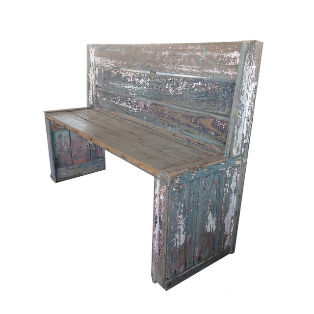 French Country Antique Rustic Beach House Plank Bench W Antiqued Crackled Paint~ French Country For Sale - Image 3 of 17