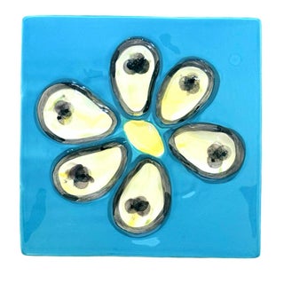 Abigails Oyster Plate Aqua Blue Ceramic With Hand-Painted Design For Sale
