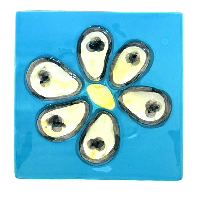 Abigails Oyster Plate Aqua Blue Ceramic With Hand-Painted Design For Sale