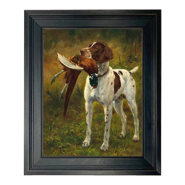 English Pointer With Pheasant Framed 11x14" Oil Painting Print on Canvas, Black Frame For Sale