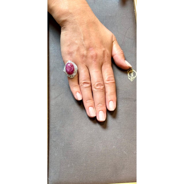 Vintage 21 Ct Star Oval Natural Ruby Cabochon & 2.45 Ct Diamond Ring , Platinum For Sale - Image 13 of 18