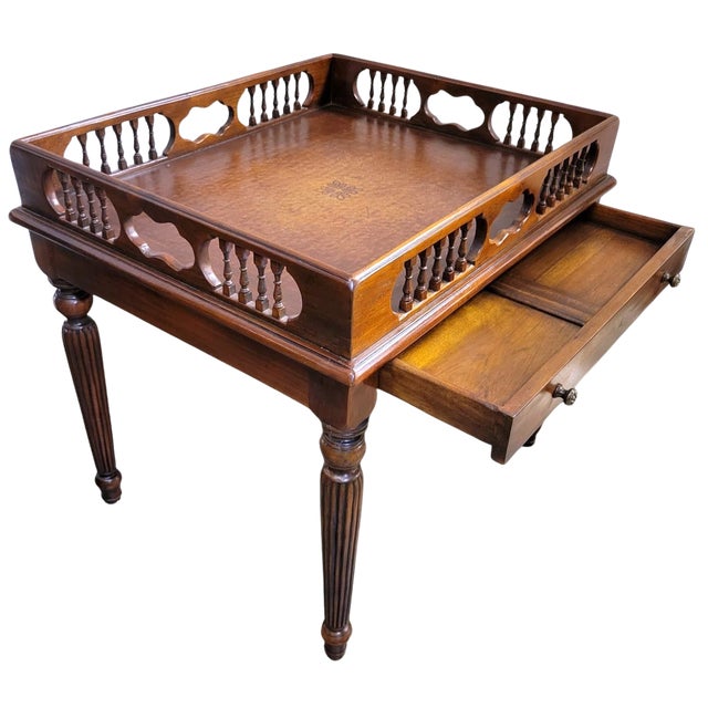 2000 - 2009 Theodore Alexander Mahogany Galleried Drinks Table With Leather Top & Drawer For Sale - Image 5 of 11