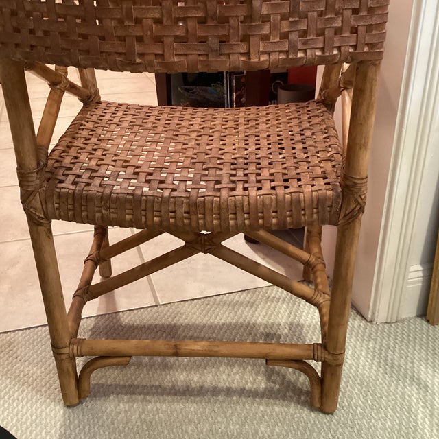 Wood 4 Refurbished McGuire Antalya Rattan and Laced Leather Strapped Chairs For Sale - Image 7 of 8