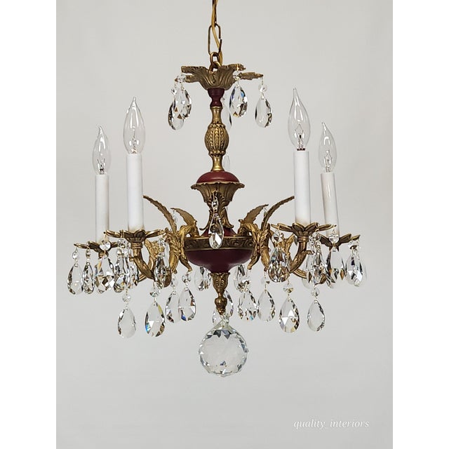 Antique 5 Arm Petite Oxblood Empire Brass Cut Lead Glass Crystal Chandelier For Sale In South Bend - Image 6 of 18