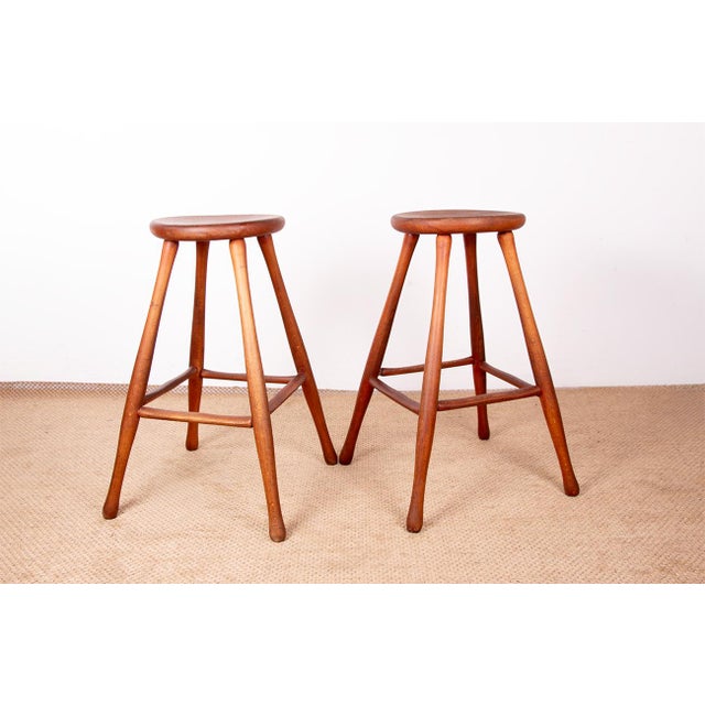 Brown Vintage Beech and Molded Wood Stools in the style of Guillerme and Chambron, 1960s, Set of 6 For Sale - Image 8 of 18