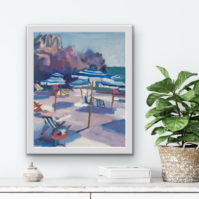 A beachscape scene depicting blue and white striped umbrellas . The palette of this painting is blues and purples and pinks