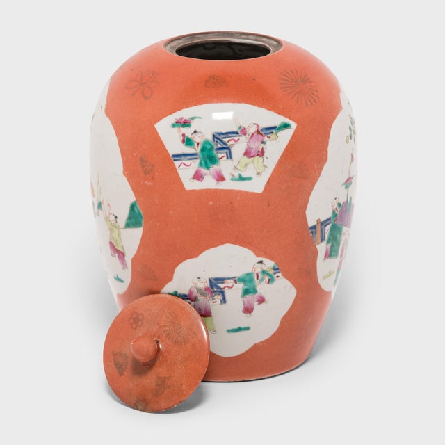 Early 20th Century Chinese Persimmon Ovoid Ginger Jar With Cartouche Paintings, C. 1920 For Sale - Image 5 of 6