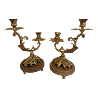 1960s Hollywood Regency Palm Tree Brass Candleabras on a Marble Base - A Pair For Sale