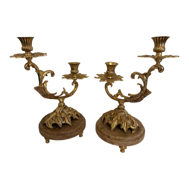 1960s Hollywood Regency Palm Tree Brass Candleabras on a Marble Base - A Pair For Sale