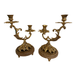 1960s Hollywood Regency Palm Tree Brass Candleabras on a Marble Base - A Pair