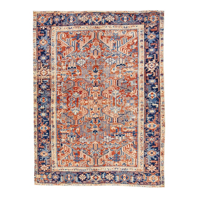 1930s Vintage Red Persian Heriz Wool Rug With Allover Design For Sale