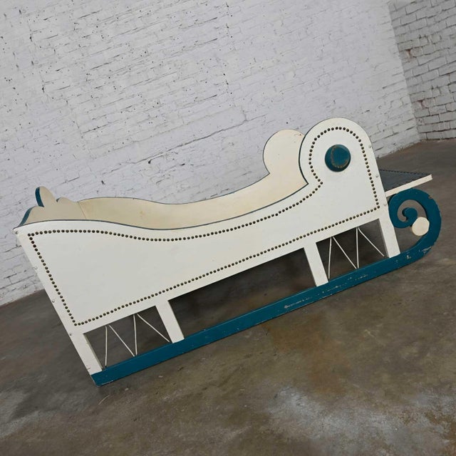 Wood Vintage Sleigh-Style Dog Bed White With Blue Trim & Nail Head Design For Sale - Image 7 of 13