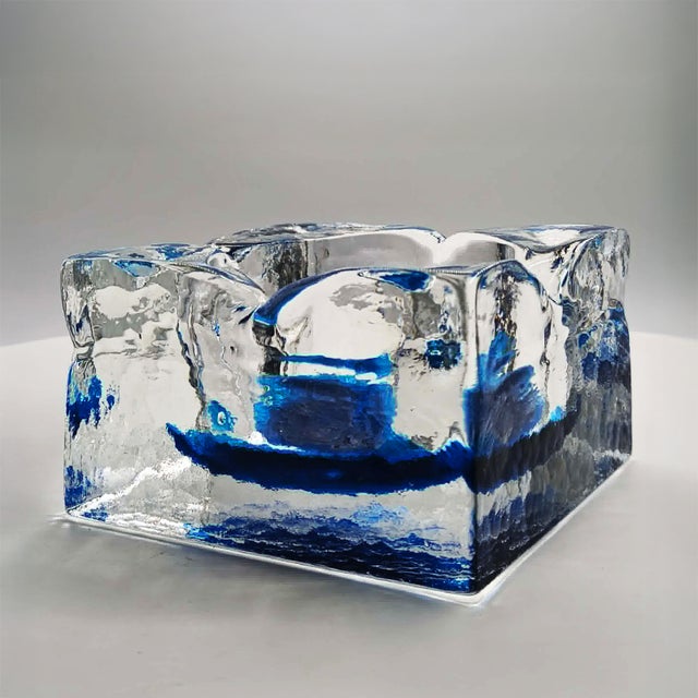 Big Square Ashtray or Catch-all in Murano Glass. Stunning Blue and Light Blue Submerged colors. Ice Cube effect....