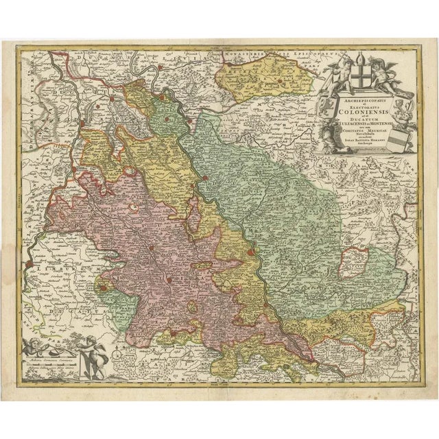 Antique map titled 'Archiepsiscopatus et Electoratus Coloniensis (\.)'. Original antique map of the Rhine river, centered...