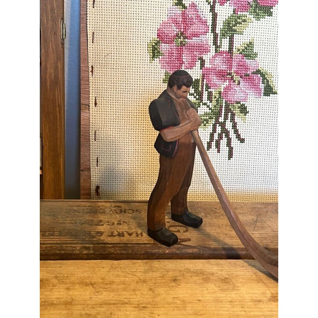 1970s 1970s Black Forest Wood Carving of Man Blowing a Swiss Horn For Sale - Image 5 of 7