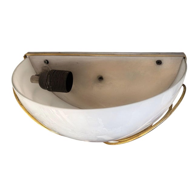 Metal 1960s Italian Mid-Century Half-Moon Murano Opaline Glass & Brass Wall Sconces - Pair For Sale - Image 7 of 7
