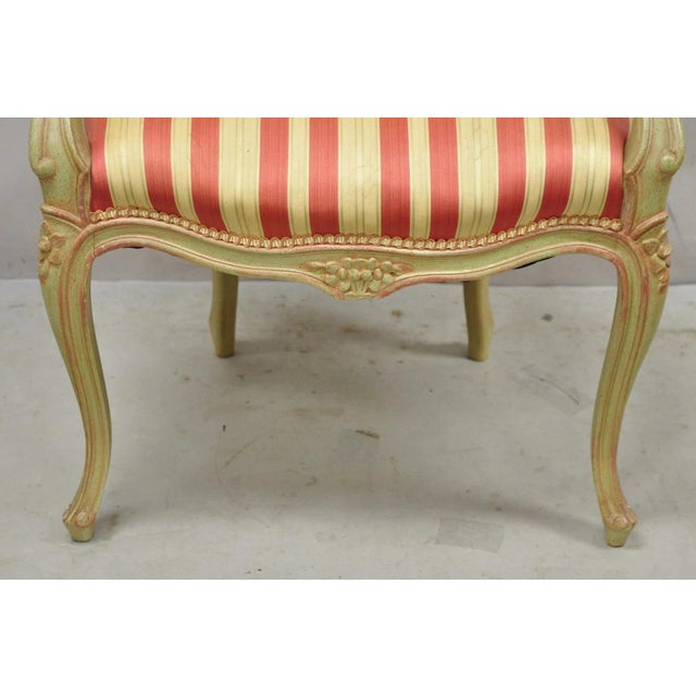Mid 20th Century Vintage French Louis XV Style Green & Pink Painted Arm Chair W/ Striped Fabric For Sale - Image 5 of 12
