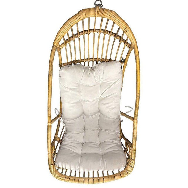 Restored Mid-Century Rattan & Wicker Hanging Cocoon Egg Chair With Stand For Sale In Los Angeles - Image 6 of 9