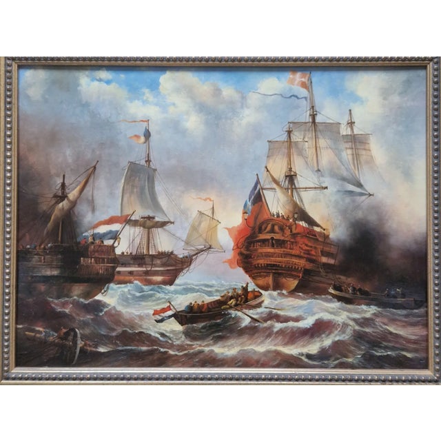 Oil on canvas depicting a naval battle scene with multiple sailing ships engaged at sea, rendered with detailed rigging,...