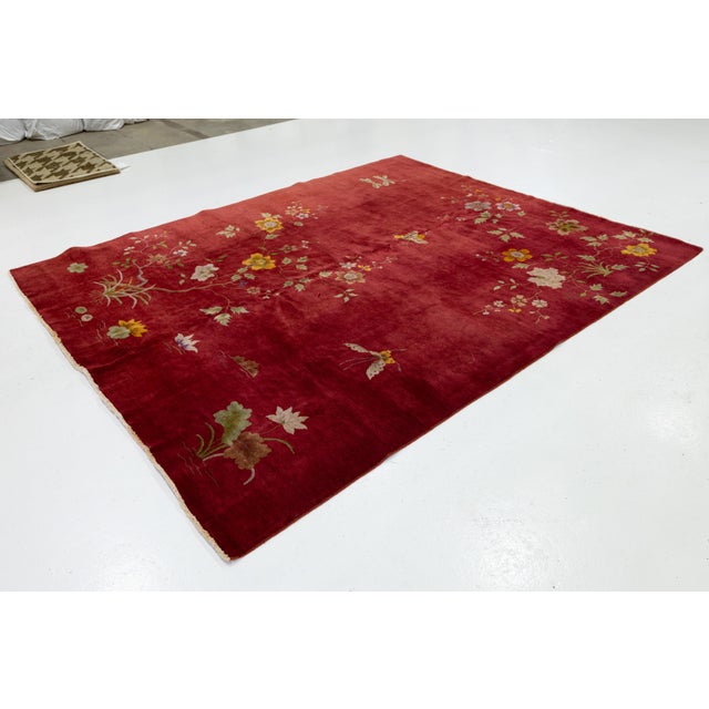 Red Antique Red Art Deco Chinese Handmade Wool Rug For Sale - Image 8 of 11