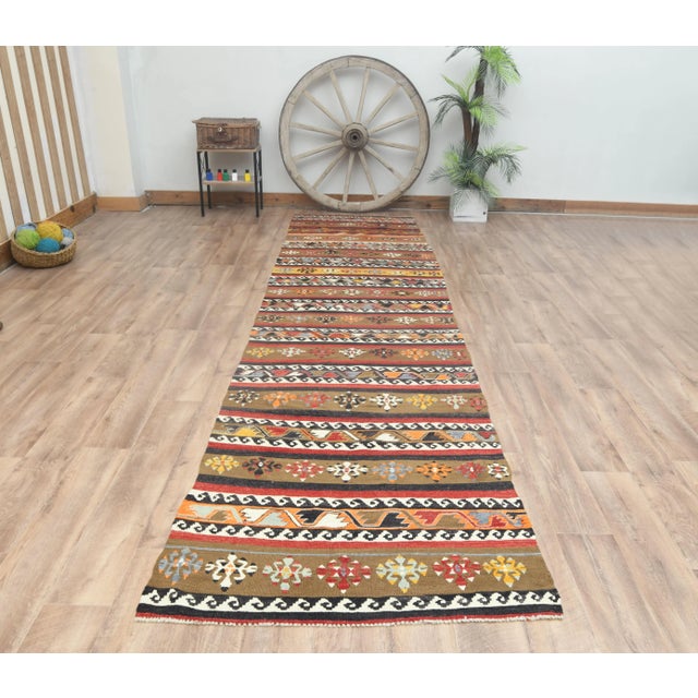 Brown 1970s Vintage Turkish Handmade Wool Cotton Colorful Kilim Rug For Sale - Image 8 of 11