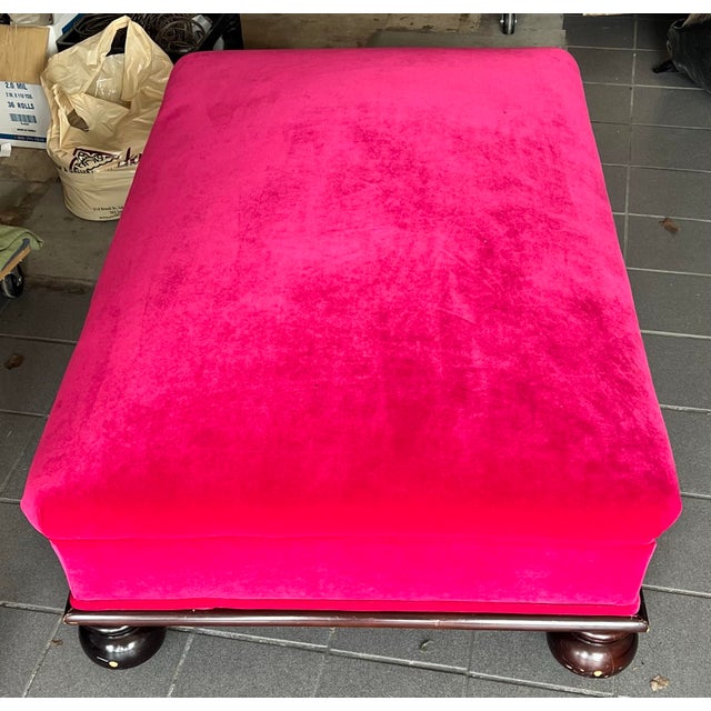 Contemporary Custom Fuchsia Pink Velvet Cocktail Ottoman With Dark Wood Base & Bun Feet For Sale - Image 3 of 11