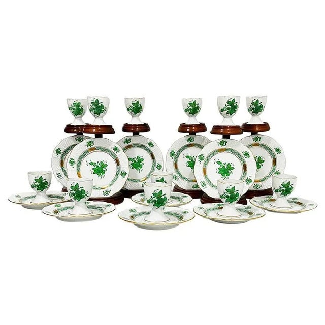 Small Chinese Porcelain Apponyi Green Bouquet Egg Cups and Plates from Herend Hungary, Set of 24 For Sale - Image 9 of 9