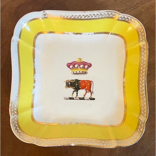 Antique Early 19th Century George III Coalport Porcelain Square Dessert Dish With Cow or Bull Crown Armorial Crest Circa 1810 For Sale - Image 10 of 10