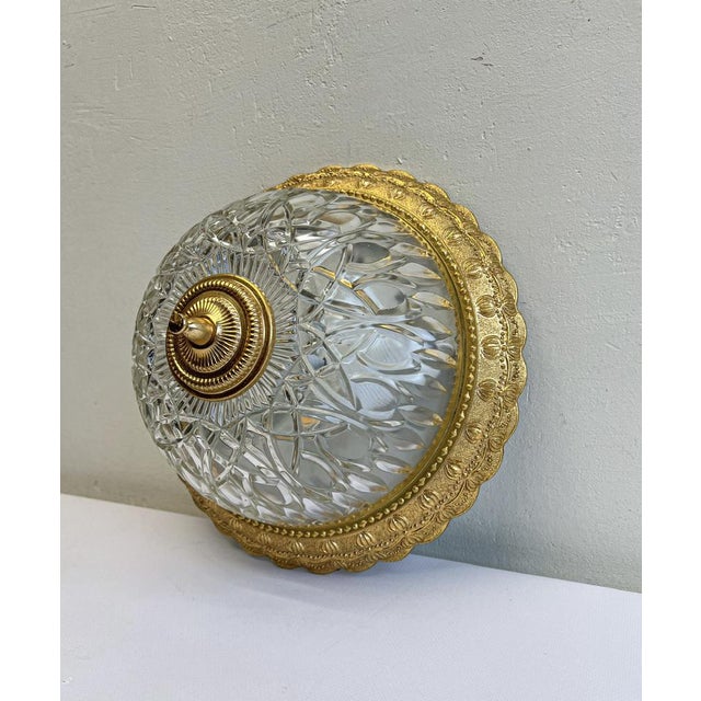 Hollywood Regency Brass and Cut Glass Flush Mount, 1960s For Sale - Image 3 of 12