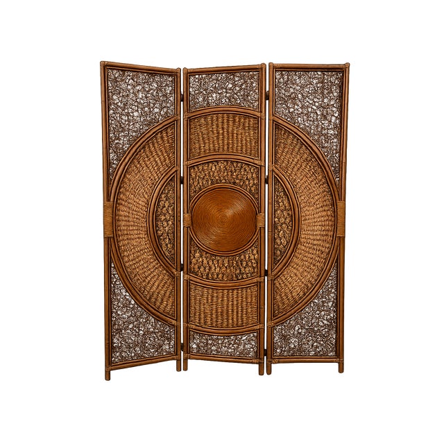 Mid-Century Modern Vintage Dark Rattan 3-Panel Folding Screen Room Divider For Sale - Image 3 of 5
