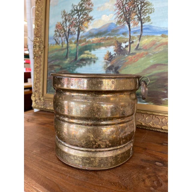 Farmhouse Possibly Antique Brass Toned Decorative Bucket With Side Handles - Vintage Container Possibly Planter For Sale - Image 3 of 10