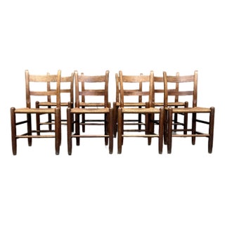 Set of 8 Mid-Century French Rush-Seat Ladder-Back Dining Chairs – Rustic Modern “Chaise Paillée,” Circa 1950s For Sale