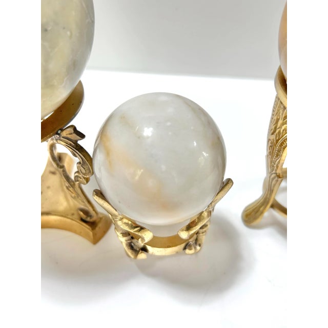 Vintage Marble & Onyx Decorative Spheres on Brass Pedestals – Set of 3 For Sale In Louisville - Image 6 of 9