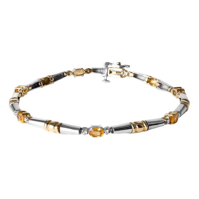 Lovely 1.25 Carat Yellow Sapphire and Diamond Thin Bracelet 14k 2 Tone Gold For Sale
