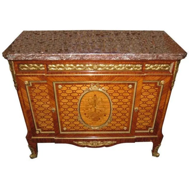Louis XVI Style Marquetry Ormolu-Mounted Tall Marble-Top Commode For Sale - Image 11 of 11