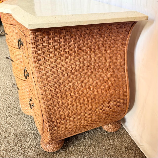Vintage Boho Chic Tessellated Stone Top Wicker Dresser by Whitecraft For Sale In Miami - Image 6 of 8