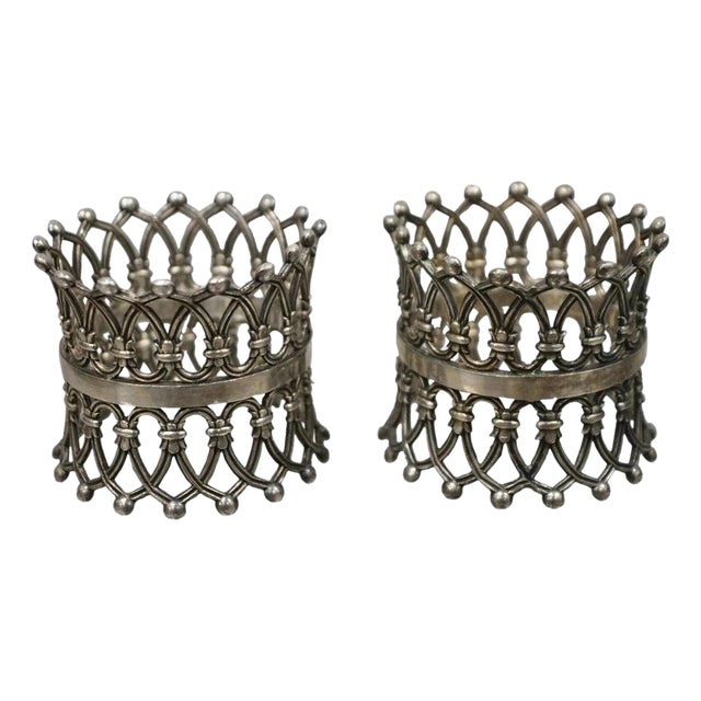 Antique English Victorian Silver Plated Fretwork Crown Napkin Rings - A Pair For Sale