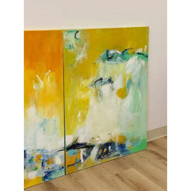 Set of 3 Modern Abstract Paintings Yellow Green Blue Wall Art Acrylic on Canvas For Sale - Image 11 of 16
