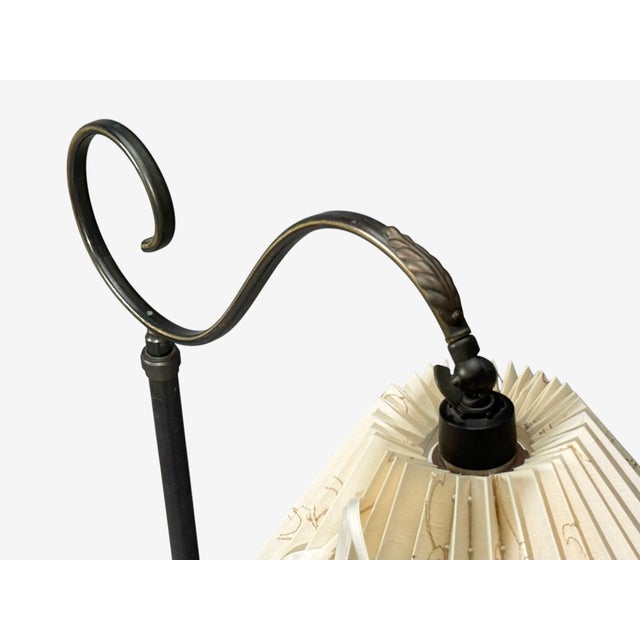 Wood 1950s Mid-Century Modern Floor Lamp, Patinated Brass, Wood, Fabric For Sale - Image 7 of 12