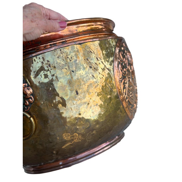 Metal Large 14" Antique French Repoussé Copper Jardinière, 19th Century Alliance Coat of Arms Cachepot, Lion Head Handles, French Planter For Sale - Image 7 of 15