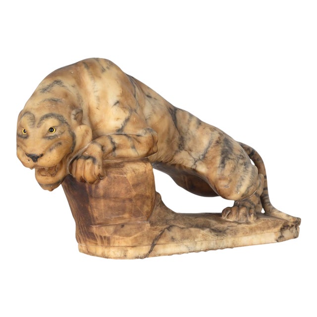 Late 20th Century Carved Alabaster Tiger Sculpture For Sale