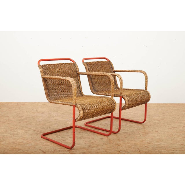 Side Table with Armchairs in Red Lacquered Tubular Steel, 1920s, Set of 3 For Sale - Image 16 of 18