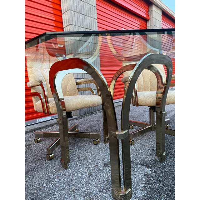 Mid-Century Modern 1980s Chromcraft Brass & Glass Dining Table W/4 Swivel Chairs (Set of 5) For Sale - Image 3 of 9