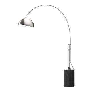 1980s Tambo 92"h 1-Light Arc Lamp, Satin Nickel/White-Luna Bella Leaf Shade, Black Oak Base, Satin Nickel, Dimmable, for Living Room or Bedroom For Sale