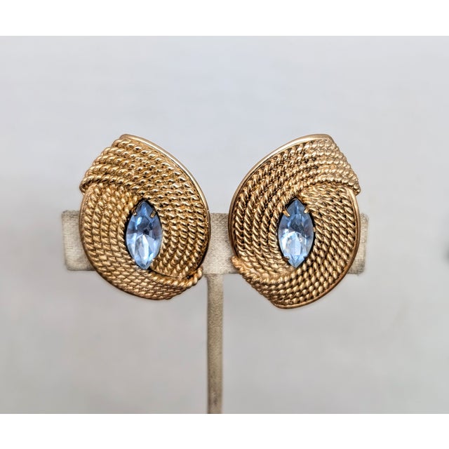 1950s Vintage 1950s Signed Napier Goldtone Faux-Aquamarine Clip Earrings-2 Pieces For Sale - Image 5 of 8
