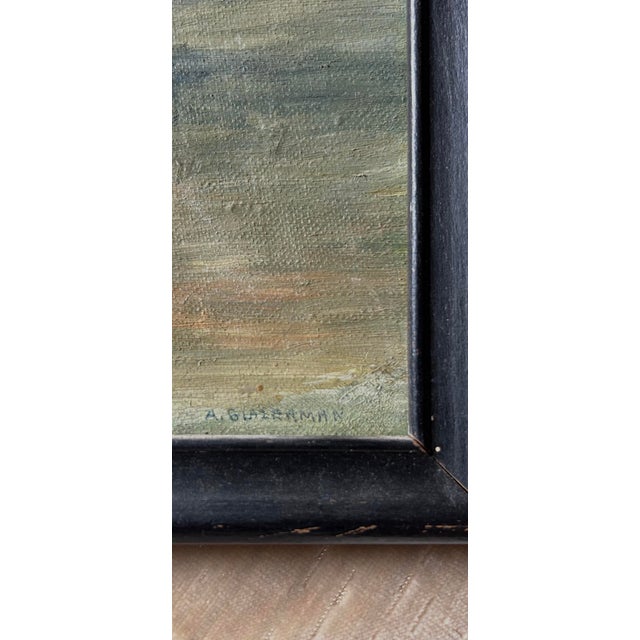 A signed mid century charming waterfront oil painting with docked boats and setting sun.