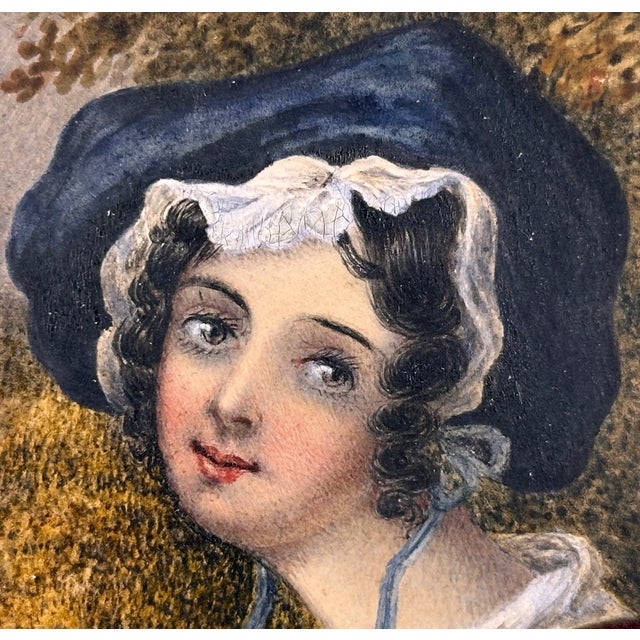 Antique Miniature Portrait Painting of Young Lady in Gilded Ribbon Crest Bow Frame For Sale - Image 13 of 18