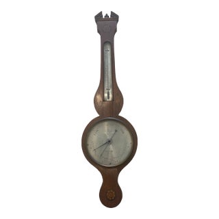 Antique Victorian Mahogany Banjo Barometer, 19th Century English Wheel Barometer With Shell Inlay, Large 38 Inch Weather Station For Sale