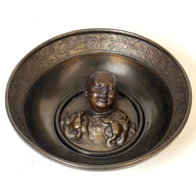 Grand Tour Patinated Metal Bowl after Hildesheim Depicting the Infant Hercules For Sale - Image 4 of 13