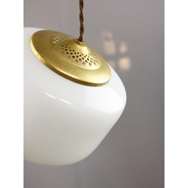Mid-Century Modern Mid-Century Modern Italian Opaline Glass and Brass Pendant Lamp, 1960s For Sale - Image 3 of 12